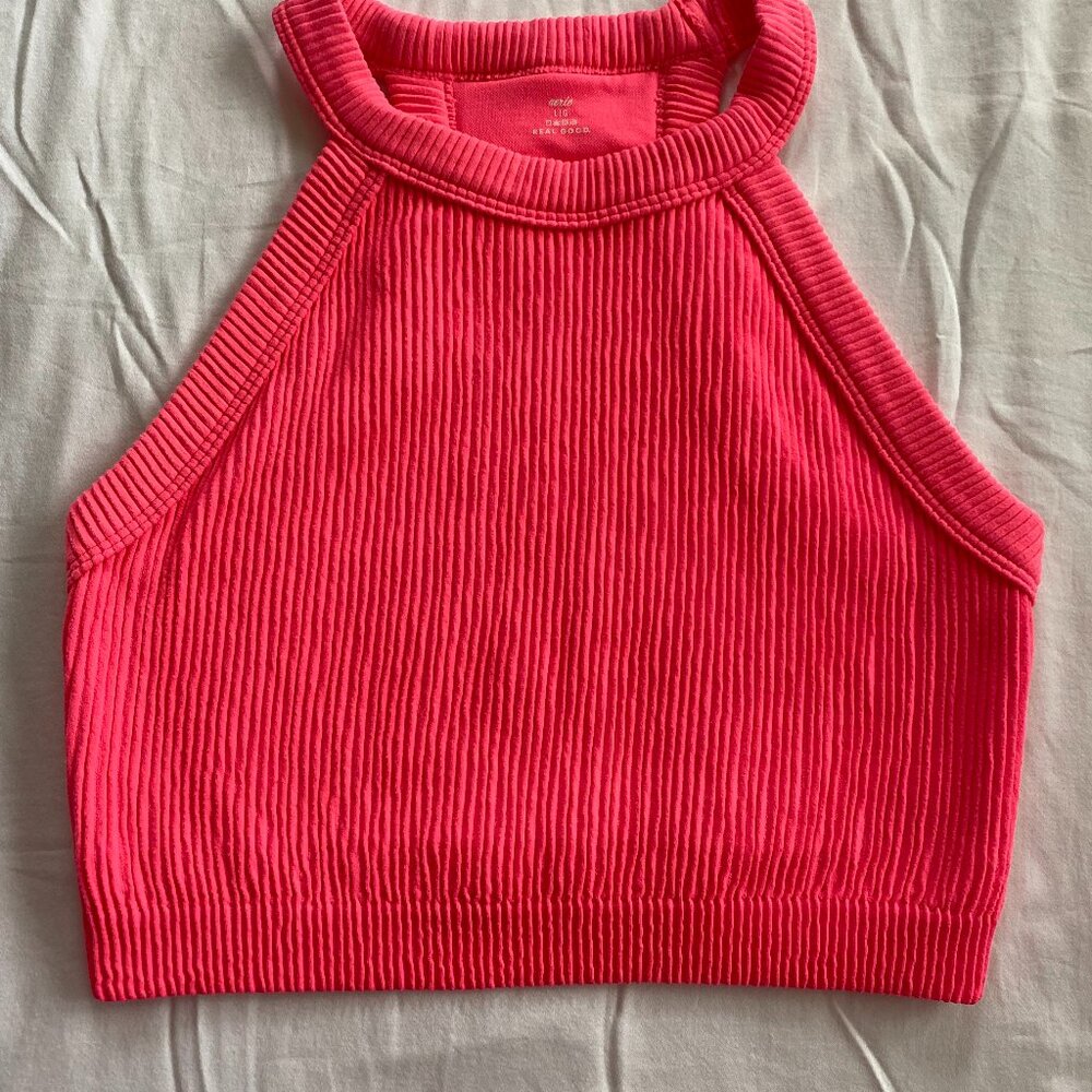 Aerie ribbed crop halter neck hot pink tank Size:L.